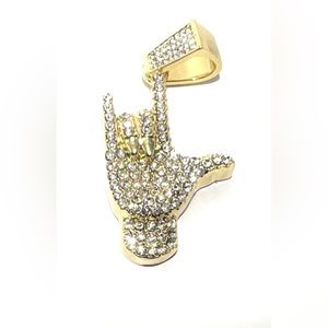 Surfer Hand Sign Language Necklace Pendant - Gold Stainless Steel w/CZs